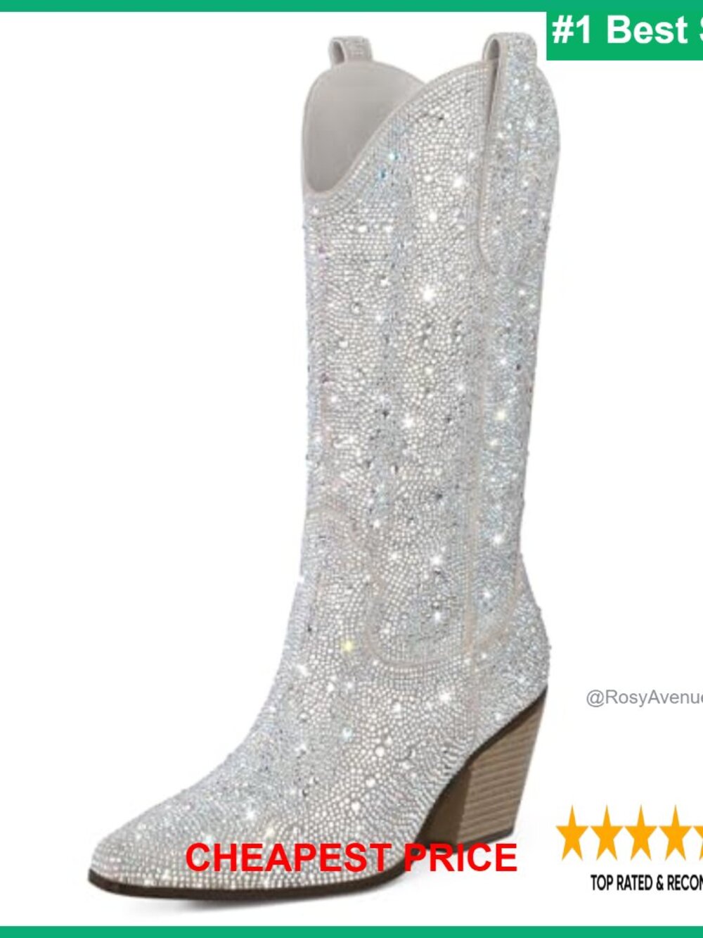 Rhinestone Mid Calf Western Cowboy Boots Block Heel Pull On